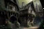 Placeholder: large medieval gothic, wooden inn, with a balcony, next to a cobbled road, in a wood, dense foliage, photo-realistic