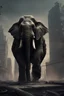 Placeholder: A gangster elephant with huge muscles walking down a post-apocalyptic city with no fear, , detailed and high quality, 4k