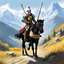 Placeholder: Don Quixote, clad in his worn armor, a pan to the head, embarks on a journey towards the majestic Alps. As he traverse the rugged terrain, Don Quixote brandishes his tourney lance with a sense of noble purpose, ready to conquer imaginary giants and vanquish unseen foes.