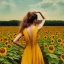 Placeholder: woman standing in sunflower field, back view, wind, long brown hair, yellow dress