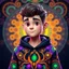 Placeholder: A 3D cartoon young adult male, very big headed, short body, likely of light skin tone, is the central figure in a vibrant, digital art style image. He is wearing a dark-colored hoodie decorated with intricate, psychedelic patterns featuring bright neon colors like fluorescent orange, vibrant purple, and bright green. The patterns are complex, resembling swirling geometric designs, fractal patterns, and glowing circular motifs. The hoodie has a graphic design inspired by organic forms like tentac