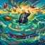 Placeholder: Donald Trump as a Fat man in a claw foot bathtub sinking in the ocean. Water lapping at the top of the tub. Panic on his face. Scared, screaming for help. Surrounded by seagulls, lobsters and crabs. there is a colorful light house with dark stormy skies in the background. Lightening and wind blows. He's in trouble.