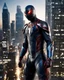 Placeholder: Create an image of a Spider-Man in a highly detailed and advanced armored suit, similar to the one shown but with even more intricate designs and cool features. The armor should have a sleek, futuristic look with glowing elements and enhanced gadgets visible on the suit. The setting is at dusk in an urban environment, with the character standing on a high-rise building overlooking a cityscape that reflects the advanced technology of the world they are protecting.