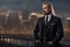 Placeholder: photorealistic portait of henry cavell as mercenary with long blonde hair undercut tattoo on neck smartly trimmed goatee wearing smart suit cityscape