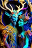 Placeholder: "Satyr Union"; surreal Satyr and Nymph couple wearing colorful Royal wedding attire made with quilling found in nature; Avant-garde