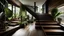 Placeholder: From a low angle perspective, the interior of a modern house is revealed. The rich brown floor is adorned with a variety of potted plants, adding a touch of life to the otherwise monochromatic surroundings. Next to the potted plants, a wooden platform extends, adding a touch of warmth to the scene. The cover, a mix of dark and light brown wooden planks, is punctuated by some square lights, adding a touch of elegance to the minimalist design. To the right of the deck, a black door is seen leading