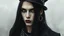Placeholder: medium close from drawing a striking gothic emo male model with long black hair and intense dark yellow eyes, wearing dramatic black eyeliner and lipstick. He has pale, smooth skin with strong, sharp facial features. The model is adorned with gothic accessories silver chains , circle earring and black steampunk hat. The overall mood is dark, mysterious, and elegant, with a high-fashion gothic aesthetic. The background is softly lit with fog in gray tones, focusing all attention on the face