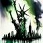 Placeholder: medium stroke Watercolor and pen illustration, Epic, double exposure dramatic long shot of anthropomorphic Lovecraftian Yog-Sothoth Statue of Liberty against dystopian New York skyline, Eldritch, faint apparitional image of waving black and green striped American Flag in the horizon, sinister eldritch patriotism, dynamic composition, complex contrast, CGSociety,