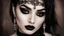 Placeholder: face close up, glamour photography of a random stylish goth girl, edgy vibe, dark, mascara, eyeliner, dark cheeks, Unique facial piercings with ornate jewelry, Round eyes, Dimples, Smoky eye makeup, Defined jawline, skin pores, shiny skin, grainy, harsh flash lighting, sepia tone