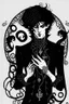 Placeholder: black haired young man necromancer wizard with gothic jewelry and tentacle fingers in the style of Aubrey Beardsley