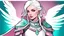 Placeholder: Generate a dungeons and dragons character portrait of the face of a female cleric of peace aasimar blessed by the god Helm. She has dark pink hair and white glow eyes. White wings on her back with dark pink and teal accents.