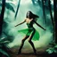 Placeholder: [color photo by Helmut Newton] A cinematic medium shot of a jungle girl fighting off aliens. She is wearing a green dress and has long, dark hair. The aliens have large, round eyes and are wearing metallic suits. The background is a dense jungle with tall trees. There is smoke rising from the ground near the aliens. Also JUNGLE GIRL FIGHTS OFF THE ALIENS which was a title I borrowed.