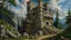 Placeholder: A ruined stone fortress, repaired with wood, scaffolding, palisades, spikes, half destroyed, realistic, medieval, painterly, Bob Ross painting