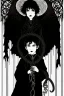 Placeholder: 7 year old boy, necromancer, friendly, looks dead,with a lamprey serpent , wearing black robes, in the style of Harry Clarke