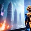 Placeholder: Son-goku in a cyberpunk setting with skyscrapers and spaceships in background, close-up face, extreme details, realistic, unreal engine, 4k