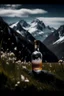Placeholder: liquor bottle in a field with flowers, mountains with snow and waterfall on the background