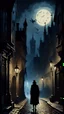 Placeholder: Ultra-detailed digital image of an old city street at night in the moonlight with a silhouette of a passerby, gothic medieval atmosphere, inspired by old Paris, a slight horror flavor, inspired by the stories of H.P. Lovecraft, close-up, low angle, imitation of a real oil painting, dripping paint, well-balanced composition, sense of depth in the scene, dark colors, professional Hollywood color correction, intricate details, highest rendering quality, octane rendering, sharp focus