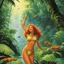 Placeholder: Excited Caterpillar: Bruce Pennington’s 1974 cover art for a Pretty redhead wearing a swimsuit with her arms above her head, in the jungle, she is covered in insects and laughing.