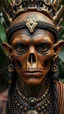 Placeholder: Wide shot, hyperrealistic, ultra HD, of an Arabic king with Mayan features, tribal tattoos, textured copper skin, elongated skull, tribal jewelry, large, almond-shaped eyes with round, dark pupils, small, wide nose, small nostrils, thin lips, and pointed ears. The figure is set against a jungle environment.