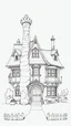 Placeholder: A highly detailed front elevation line drawing of a crooked fantasy house, with a twisted tall chimney, rooms and floors added to the sides and roofs, like Harry Potter's the Burrow.