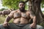 Placeholder: extreme close up of a 28 year old turkish farmer tattoed, sturdy, hairy very muscular overweight, with very short beard ,dreadlocks , big nose, big shoulders , big arms, relaxes sitting leaning against a tree in the middle of a meadow full of pigs, shirtless with ruined old shorts, strong and muscular hairy legs, bare feet, photorealistic bucolic scene, view from the bottom, looking at camera