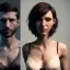 Placeholder: a short hair guy with a boyish face a beautiful cleavage in a lace neckline with a man's short haircut a thin waist and wide hips in bra and amulet of evil witch