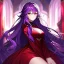 Placeholder: Clear focus, 8k, beautiful lighting, vibrant colors, girl, purple hair, long hair, red eyes, messy hair, purple and red outfit,