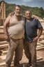 Placeholder: half figure shot photography of TWO ugly 48 year old stocky big chubby robust burly marocan carpenters close embraced, dirty,, wearing boxer, shirtless, chest, serious, very virile, short beard, short hair , in a sunny construction work area, photorealistic , photorealistic