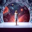 Placeholder: A full-body shot of a beautiful lady walking on a nice stage and looking at the camera 3D fractal interstellar world.