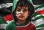 Placeholder: A crying Palestinian child in a broken hospital, Palestine flag, neon effect , close picture, highly detailed, high details, detailed portrait, masterpiece,ultra detailed, ultra quality