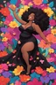 Placeholder: A sassy thick-lined magna style cartoon black female lounging lazily on her side, surrounded by colorful large flower petals. her curvy body silhouette a black maxi dress. Looking up coyly, she grins widely, showing teeth. Her poofy hair forms a mane framing her confident, regal expression.