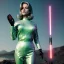 Placeholder: Ultra Realistic retro sci-fi portrait image from 1960, spaceship, sweet young Jane Fonda, dress with tight latex suit, fighting stance with lightsaber, soft color, highly detailed, unreal engine 5, ray tracing, RTX, lumen lighting, ultra detail, volumetric lighting, 3d, finely drawn, high definition, high resolution.