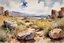 Placeholder: Sunny day, clouds, Rocks, mountains, weeds, rocky land, john singer sargent watercolor paintings