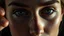 Placeholder: Extreme close-up portrait of a 28-year-old European woman with delicate makeup, a thin elegant spider weaving a web between her eyelashes as she looks directly at the camera, soft cinematic lighting, dark background, hyperrealistic painting style