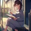 Placeholder: anime girl sitting on a porch swing of an old house, wearing pajamas, drinking a cup of coffee, writing in a book, its raining outside