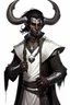 Placeholder: En Young male Black skin black hair tiefling Wizard with large horns same size going from the front to the back. glowing Silver and White symbols