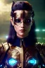 Placeholder: Cyborg warrior, waist up portrait, 8k resolution, intricate details, ornate details, soft lighting, vibrant colors, retroanime, masterpiece, intricate eyeliner, dark eyeshadow, eyes, facepaint, hair, intricate tattoos, jungle background