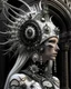 Placeholder: Solarpunk white chrystal vantablack black satin ivory carved filigree woman portrait adorned with decadent goth vantablack chrystal carved headdress and half face masque solar punk armour dress ribbed with quartz agate azurit and mineral Stone carved obsidian metallic filigree dress and armour and embossed solar punk headdress organic bio spinal ribbed detail of rainy gothic cityscape bokeh background