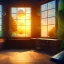 Placeholder: desk, parquet, paper, little pen, in front of one huge bay window with large view on a waterfall with warm light, sunset ,pixar style, panorama, nature, globe, HD