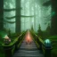 Placeholder: slender green elf on wooden bridge in magical forest, torches, spray painting, foliage frame, fantasy art , movie poster, Realistic photography, incredibly detailed, ultra high resolution, 8k, complex 3d render, cinema 4d, color corrected