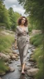 Placeholder: full body shot of a very beautiful lady curvy hair, walks in the country side with a narrow river with clean water and nice rocks on floor. The trees and wild flowers pretty country houses ,nice cloudy sky.