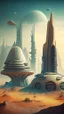 Placeholder: alien landscape with buildings and spaceship