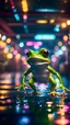 Placeholder: frog tumbling in water slide in the middle of crazy dance moves dancing on buss parked in dark lit reflective wet arcade hall tunnel,bokeh like f/0.8, tilt-shift lens 8k, high detail, smooth render, down-light, unreal engine, prize winning