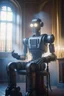 Placeholder: portrait of futuristic space robot holding lotsa phones chatbot smoking a sigar on a throne in a ancient castle ruin, smoke, 4k, downlight, soft light, depth of field, photorealism