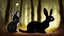 Placeholder: A black cat staring a white rabbit in the forest.