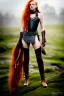 Placeholder: surreal, concept illustration, super-detailed, beautiful teen female who is 16 years old with long ginger hair and freckles with full lips,, full body, full face, athletic, centred camera, ignore NSFW, skimpy brown fantasy leather armor, halter top, thong, knee-high leather boots, open leather skirt, stern expression, cute pose