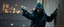 Placeholder: close up on guard pointing at professional ninja thief climbing a wall during lightening,