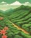 Placeholder: tropical tea plantations, mountains, trees, in the style of poster art, hyper-detailed, richly colored in white background, retro style illustration