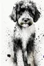 Placeholder: Abstract wet watercolour of a black and white bernadoodle, ink lines, splashy background detailed,focus on eyes, watercolour paper