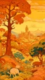 Placeholder: A light rosy orange colored savanna near a city designed in medieval tapestry painted by Paul Ranson